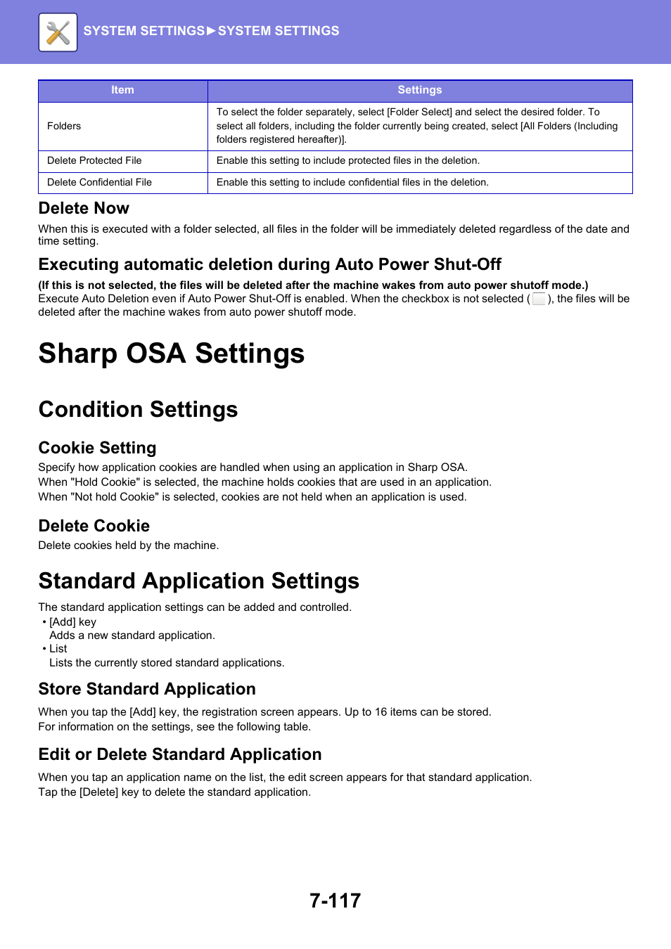 Sharp osa settings -117, Standard application settings -117, Sharp osa settings | Condition settings, Standard application settings, Delete now, Cookie setting, Delete cookie, Store standard application, Edit or delete standard application | Sharp MX-6070N User Manual | Page 832 / 935