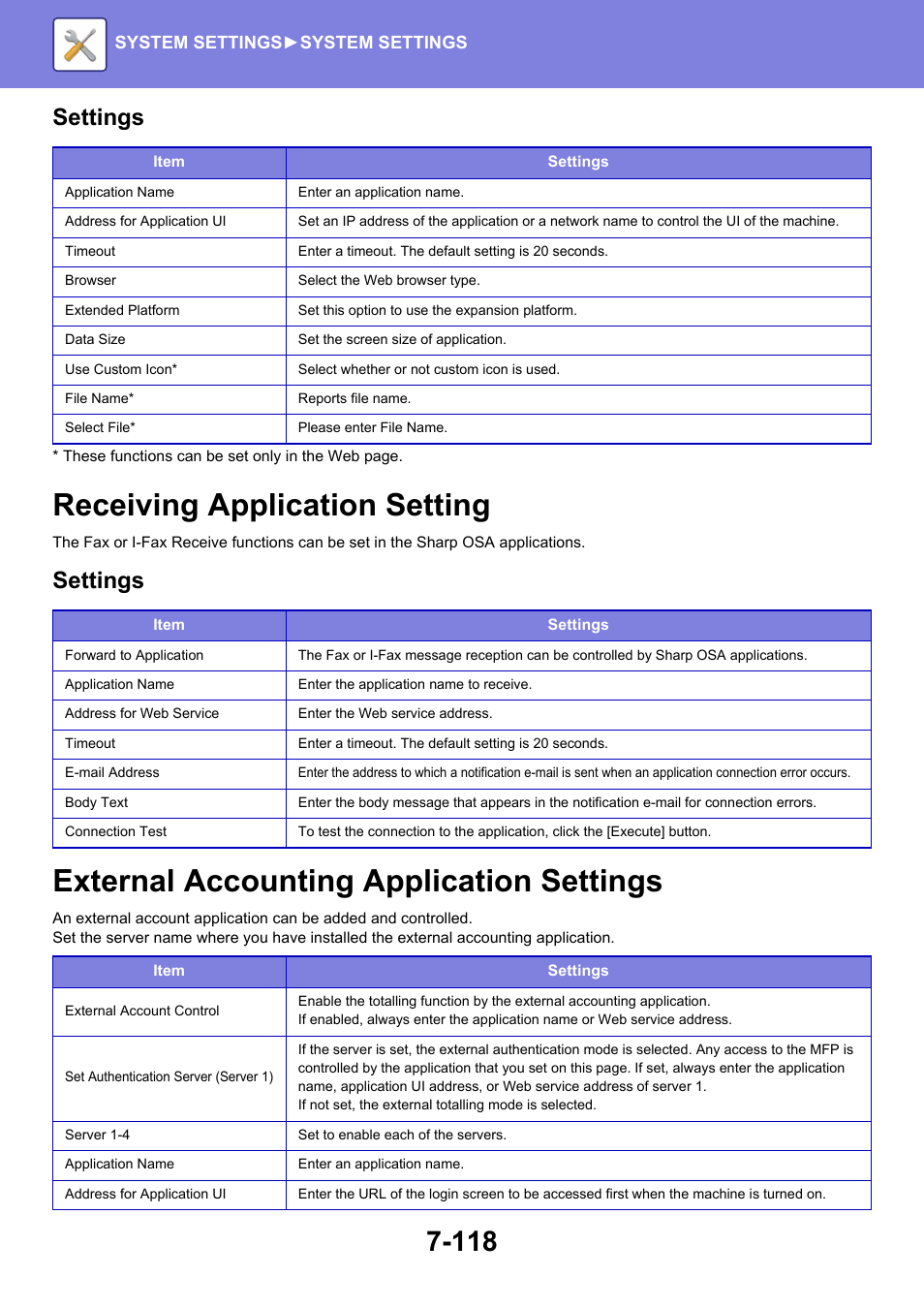 Receiving application setting -118, External accounting application settings -118, Receiving application setting | External accounting application settings, Settings | Sharp MX-6070N User Manual | Page 833 / 935