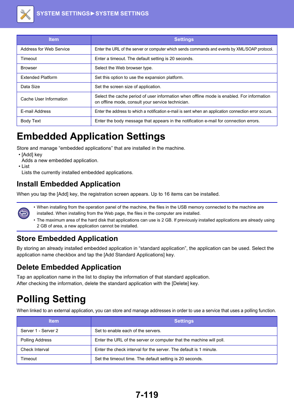 Embedded application settings -119, Polling setting -119, Embedded application settings | Polling setting, Install embedded application, Store embedded application, Delete embedded application | Sharp MX-6070N User Manual | Page 834 / 935