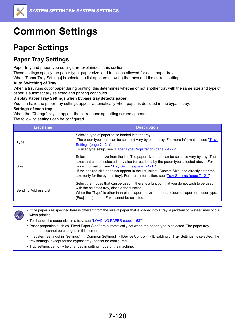 Common settings -120, Paper settings -120, Common settings | Paper settings, Paper tray settings | Sharp MX-6070N User Manual | Page 835 / 935