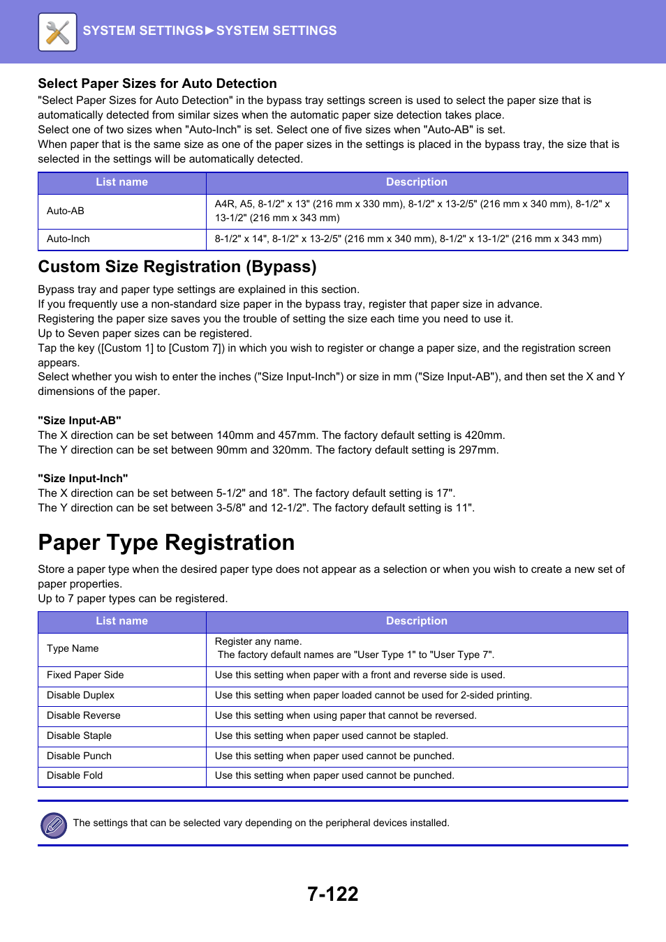 Paper type registration -122, Paper type registration, Custom size registration (bypass) | Sharp MX-6070N User Manual | Page 837 / 935