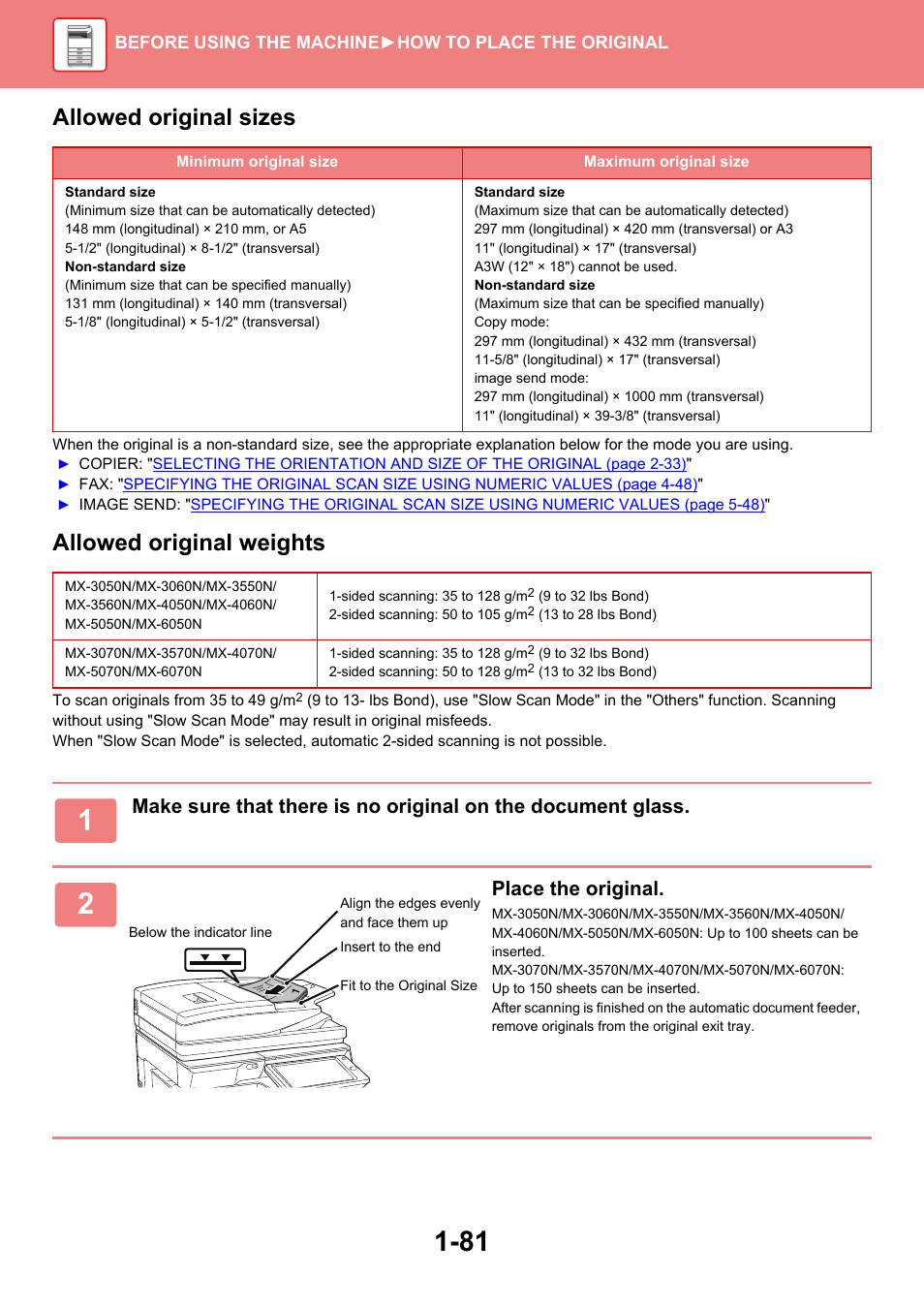 Allowed original sizes, Allowed original weights, Place the original | Sharp MX-6070N User Manual | Page 84 / 935