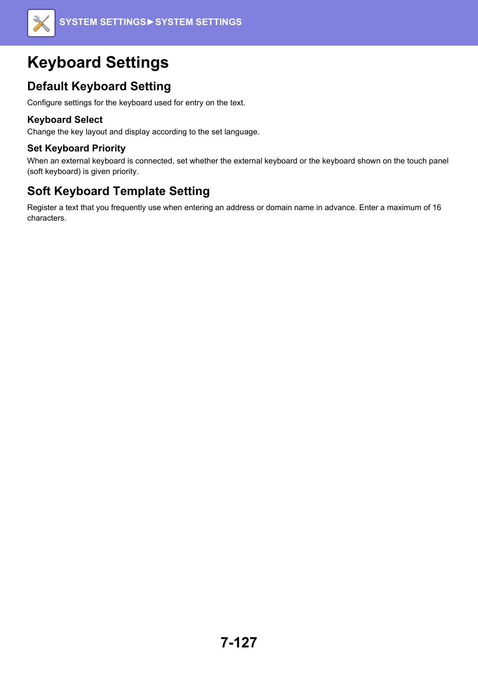 Keyboard settings -127, Keyboard settings, Default keyboard setting | Soft keyboard template setting | Sharp MX-6070N User Manual | Page 842 / 935