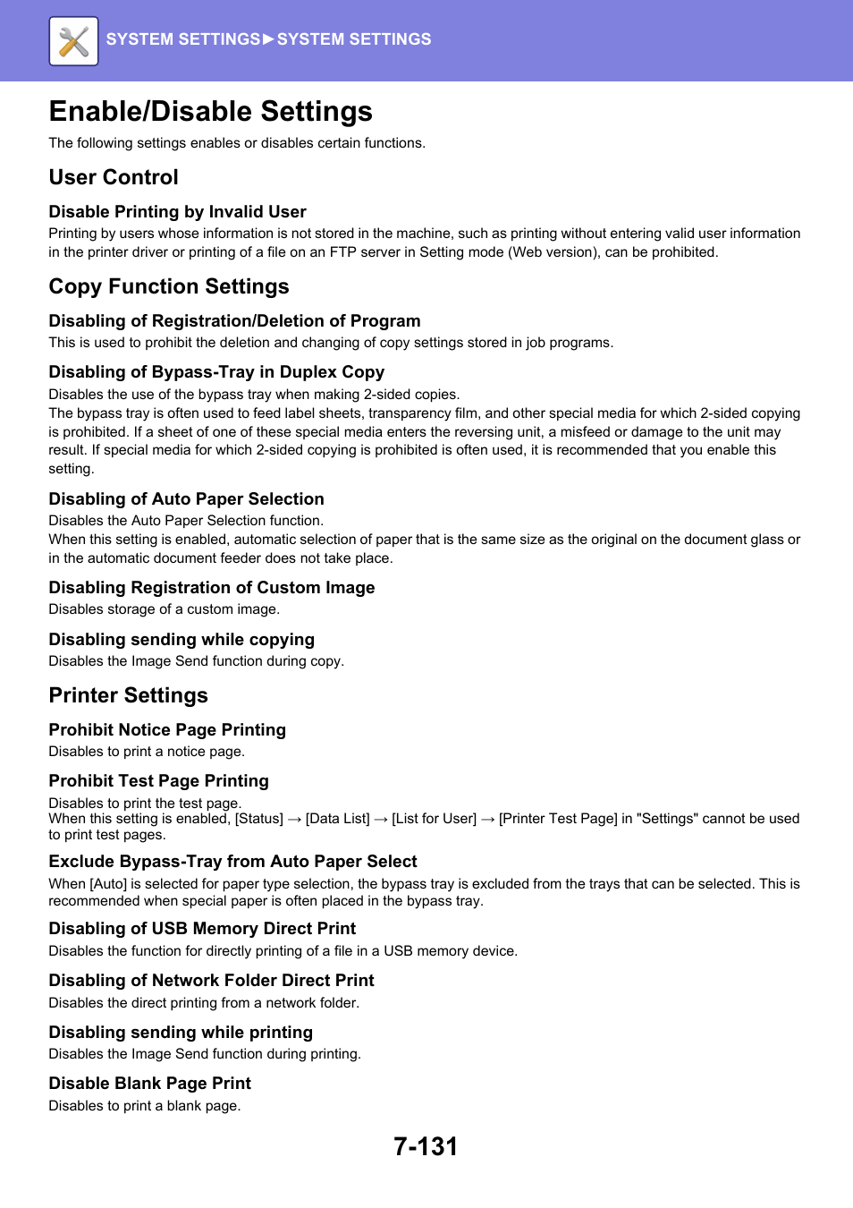 Enable/disable settings -131, Enable/disable settings, User control | Copy function settings, Printer settings | Sharp MX-6070N User Manual | Page 846 / 935