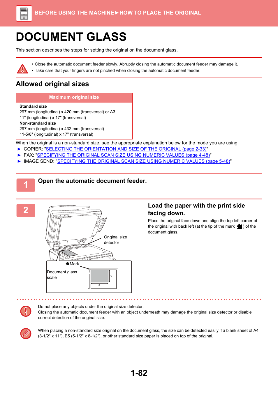 Document glass -82, Document glass, Allowed original sizes | Sharp MX-6070N User Manual | Page 85 / 935