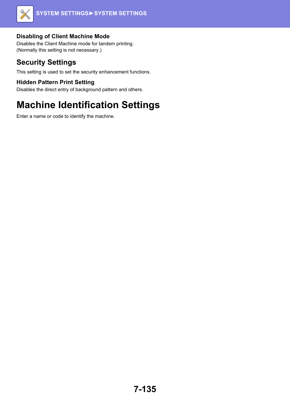 Machine identification settings -135, Machine identification settings, Security settings | Sharp MX-6070N User Manual | Page 850 / 935