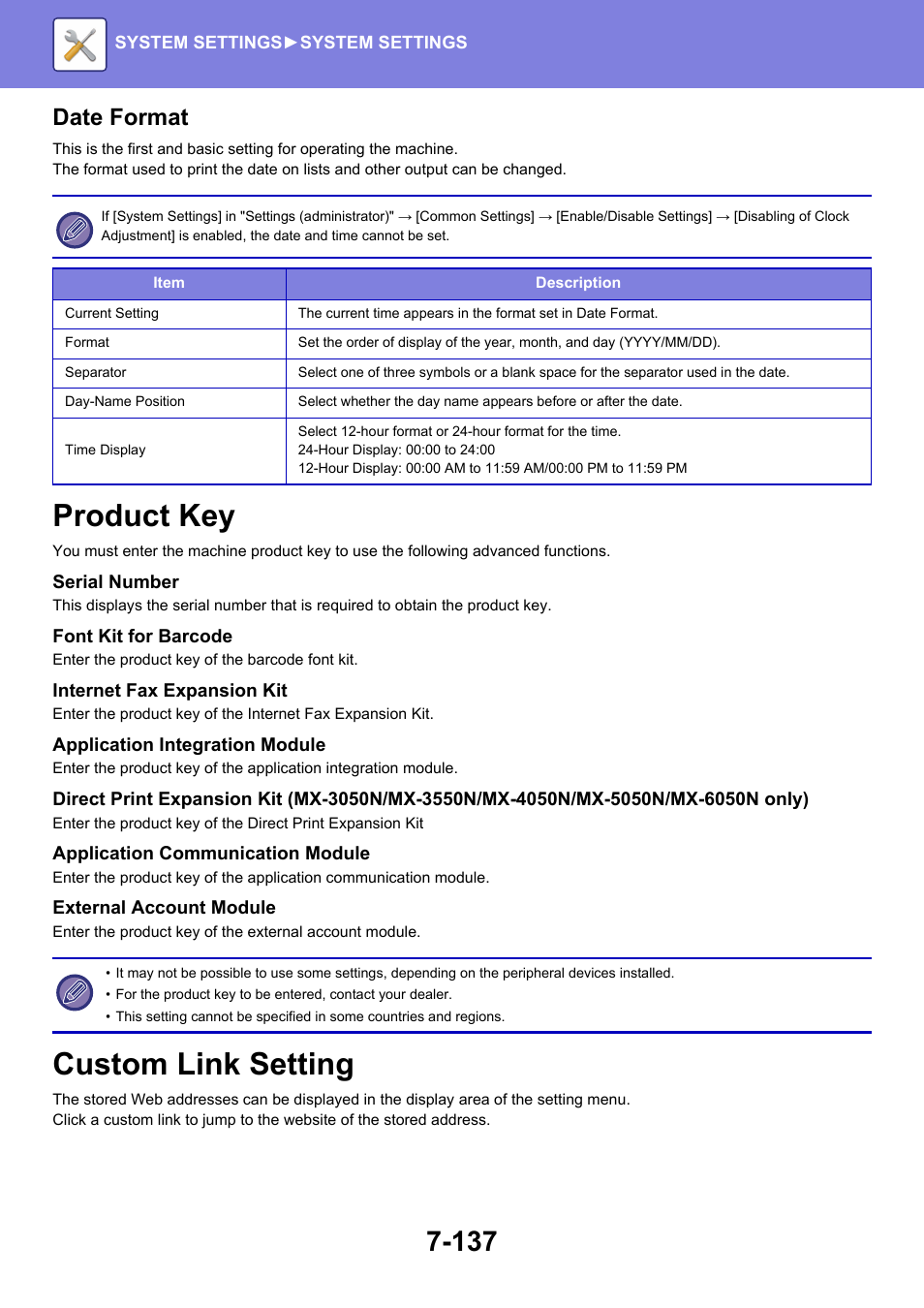 Product key -137, Custom link setting -137, Product key | Custom link setting, Date format | Sharp MX-6070N User Manual | Page 852 / 935