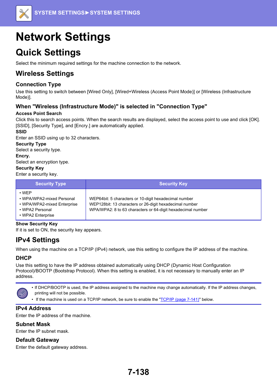 Network settings -138, Quick settings -138, Network settings | Quick settings, Wireless settings, Ipv4 settings | Sharp MX-6070N User Manual | Page 853 / 935