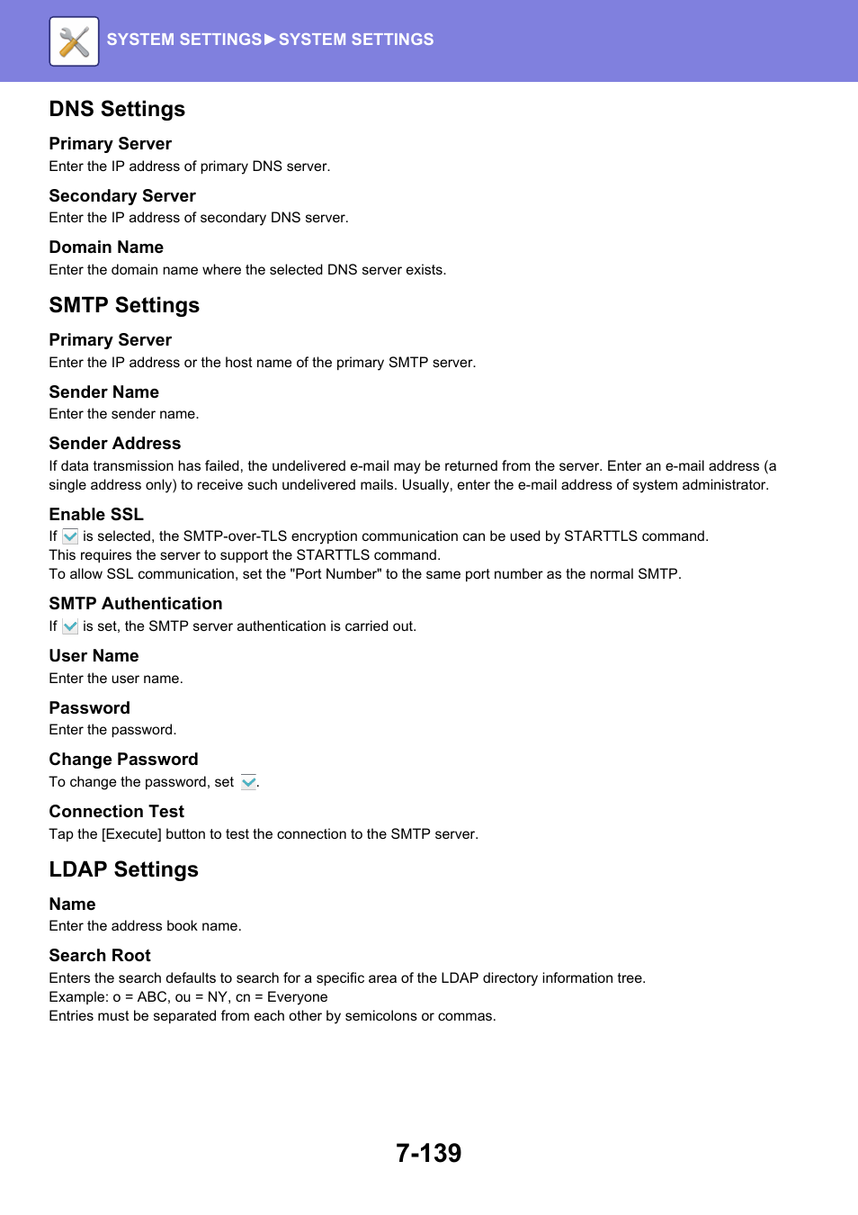 Dns settings, Smtp settings, Ldap settings | Sharp MX-6070N User Manual | Page 854 / 935