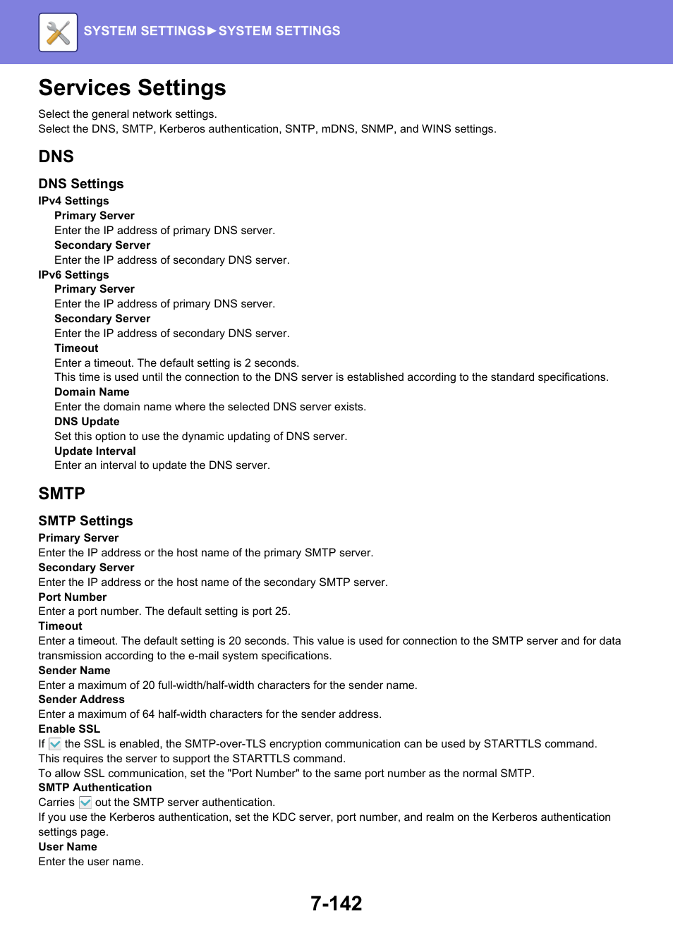 Services settings -142, Services settings, Smtp | Sharp MX-6070N User Manual | Page 857 / 935