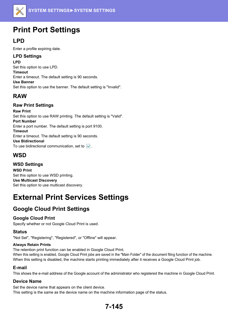 Print port settings -145, External print services settings -145, Print port settings | External print services settings, Google cloud print settings | Sharp MX-6070N User Manual | Page 860 / 935