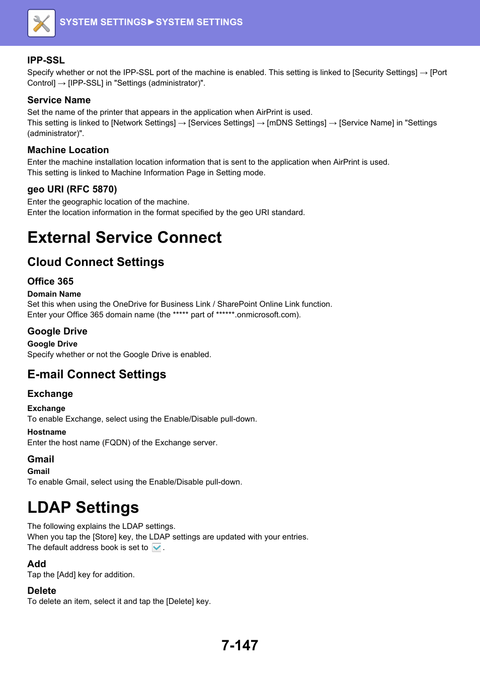 External service connect -147, Ldap settings -147, External service connect | Ldap settings, Cloud connect settings, E-mail connect settings | Sharp MX-6070N User Manual | Page 862 / 935