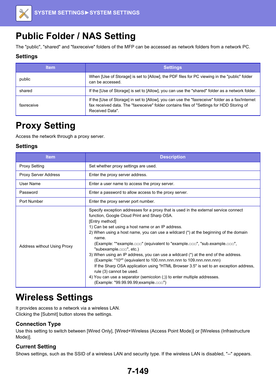 Public folder / nas setting -149, Proxy setting -149, Wireless settings -149 | Public folder / nas setting, Proxy setting, Wireless settings | Sharp MX-6070N User Manual | Page 864 / 935