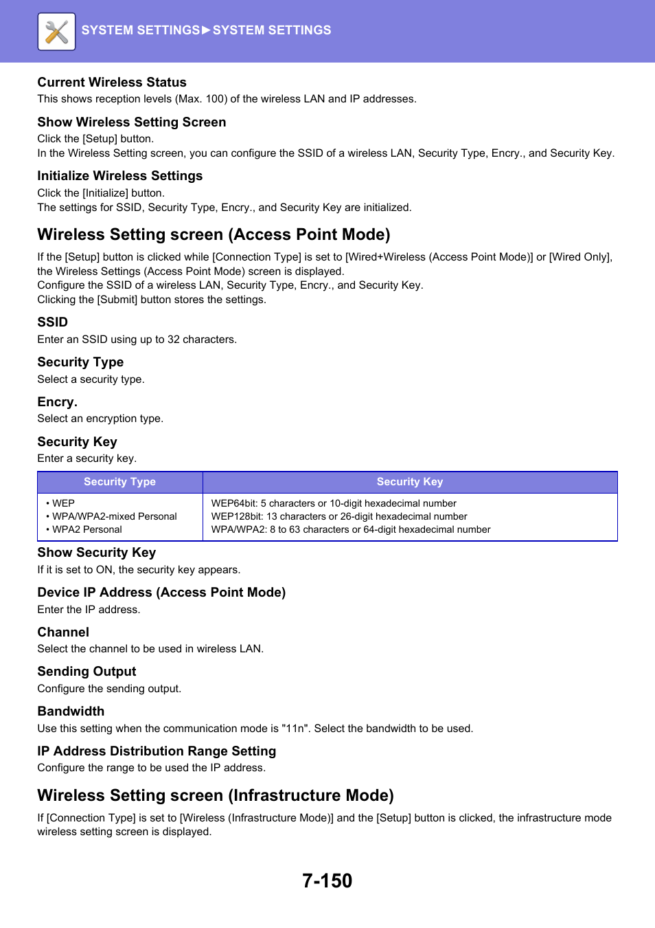 Wireless setting screen (access point mode), Wireless setting screen (infrastructure mode) | Sharp MX-6070N User Manual | Page 865 / 935