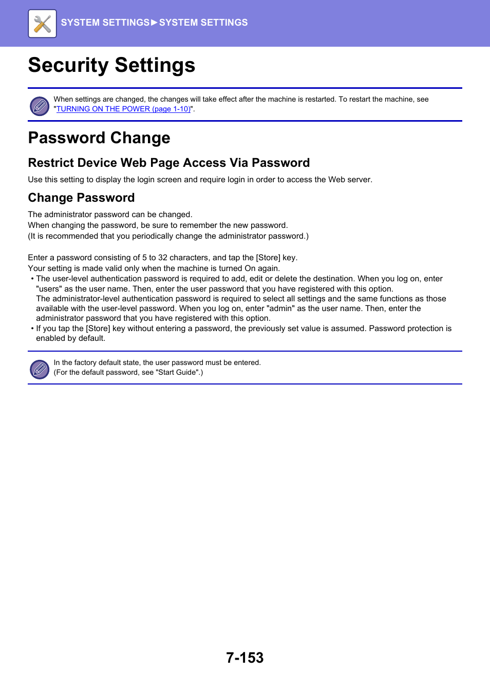 Security settings -153, Password -153, Change password -153 | Security settings, Password change, Restrict device web page access via password, Change password | Sharp MX-6070N User Manual | Page 868 / 935