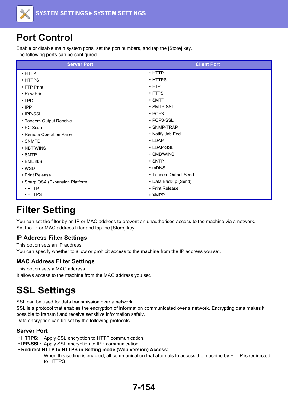 Port control -154, Filter setting -154, Ssl settings -154 | Port control, Filter setting, Ssl settings | Sharp MX-6070N User Manual | Page 869 / 935