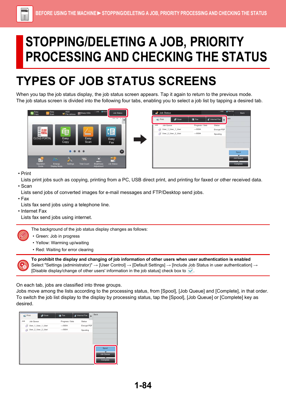 Types of job status screens -84, Types of job status screens | Sharp MX-6070N User Manual | Page 87 / 935