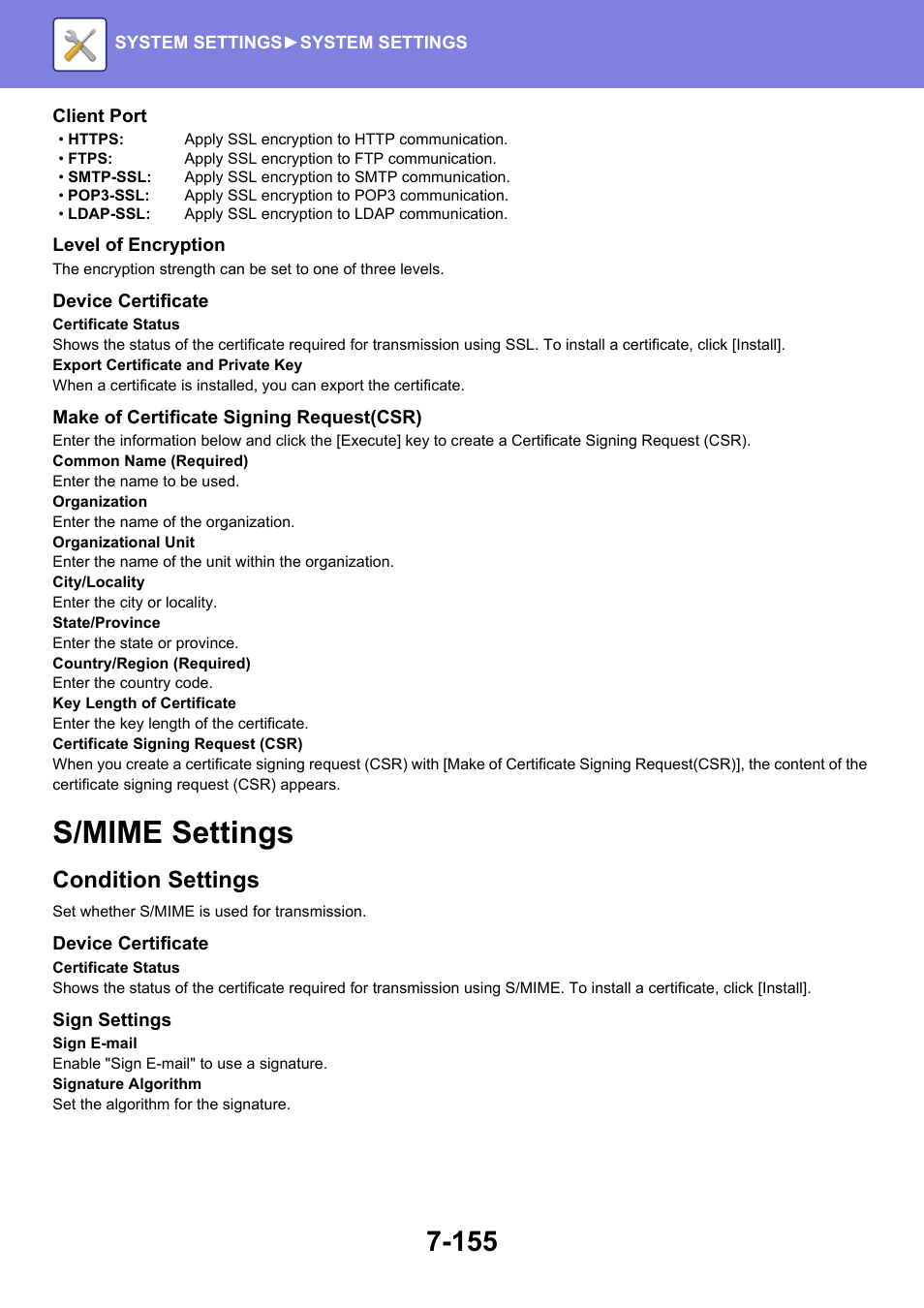 S/mime settings -155, S/mime settings, Condition settings | Sharp MX-6070N User Manual | Page 870 / 935