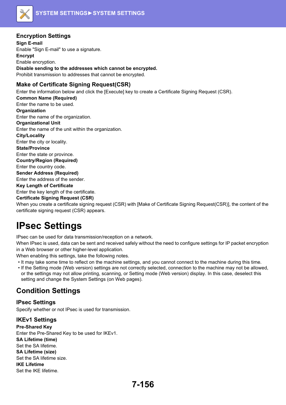 Ipsec settings -156, Ipsec settings, Condition settings | Sharp MX-6070N User Manual | Page 871 / 935