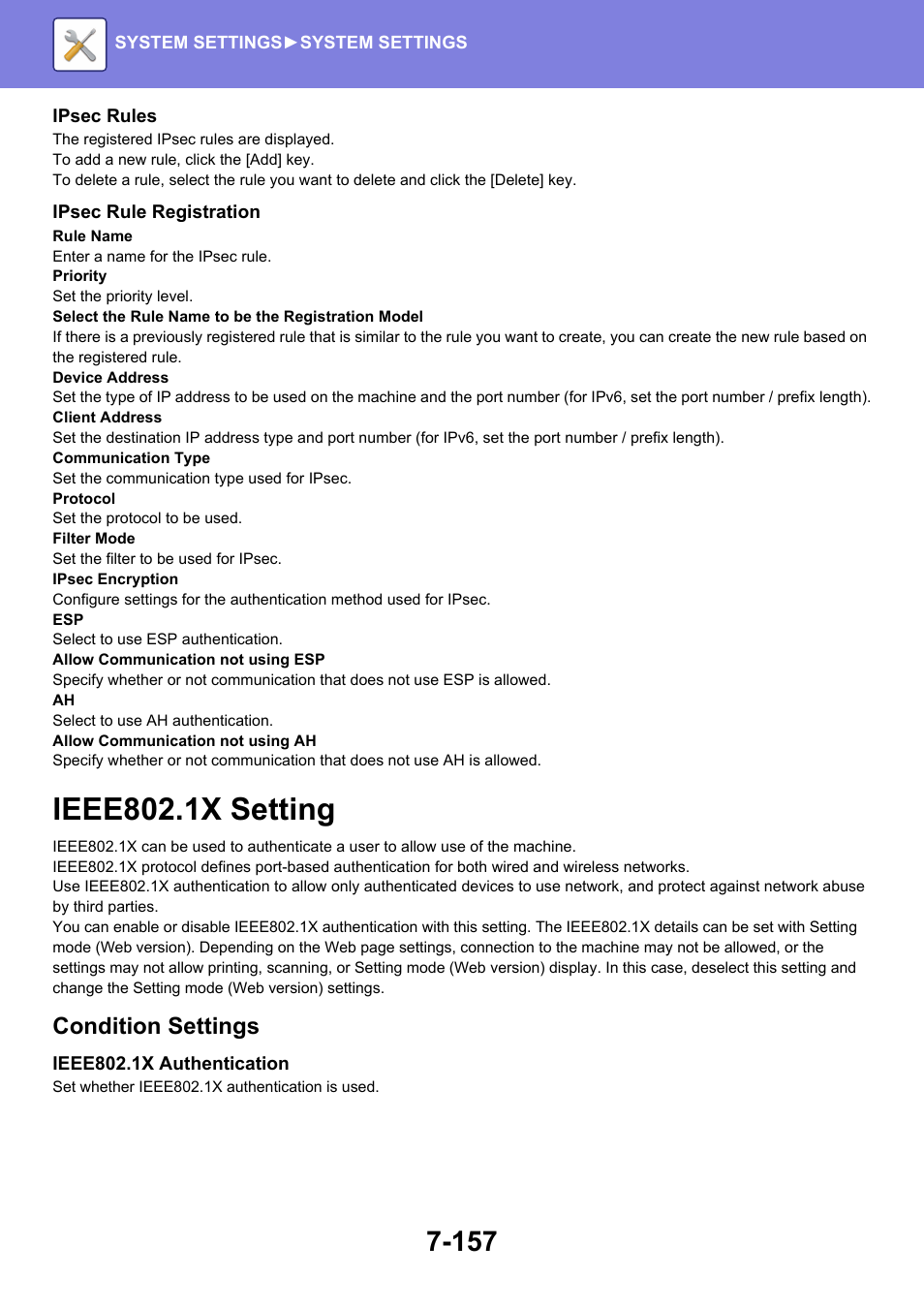 Ieee802.1x setting -157, Ieee802.1x setting, Condition settings | Sharp MX-6070N User Manual | Page 872 / 935