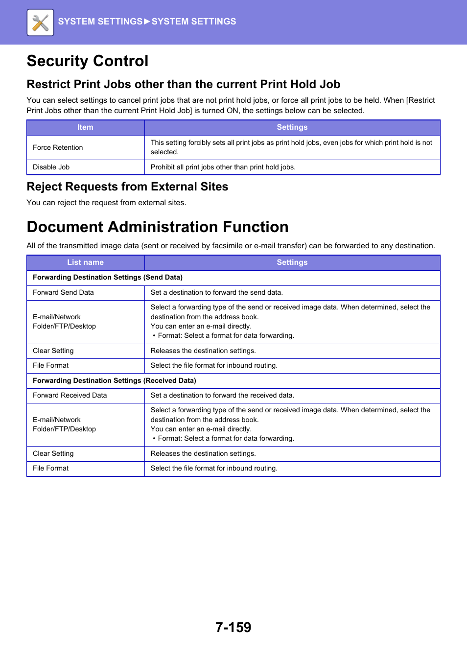 Security control -159, Document administration function -159, Security control | Document administration function, Reject requests from external sites | Sharp MX-6070N User Manual | Page 874 / 935