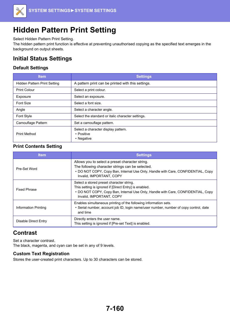 Hidden pattern print setting -160, Hidden pattern print setting, Initial status settings | Contrast | Sharp MX-6070N User Manual | Page 875 / 935