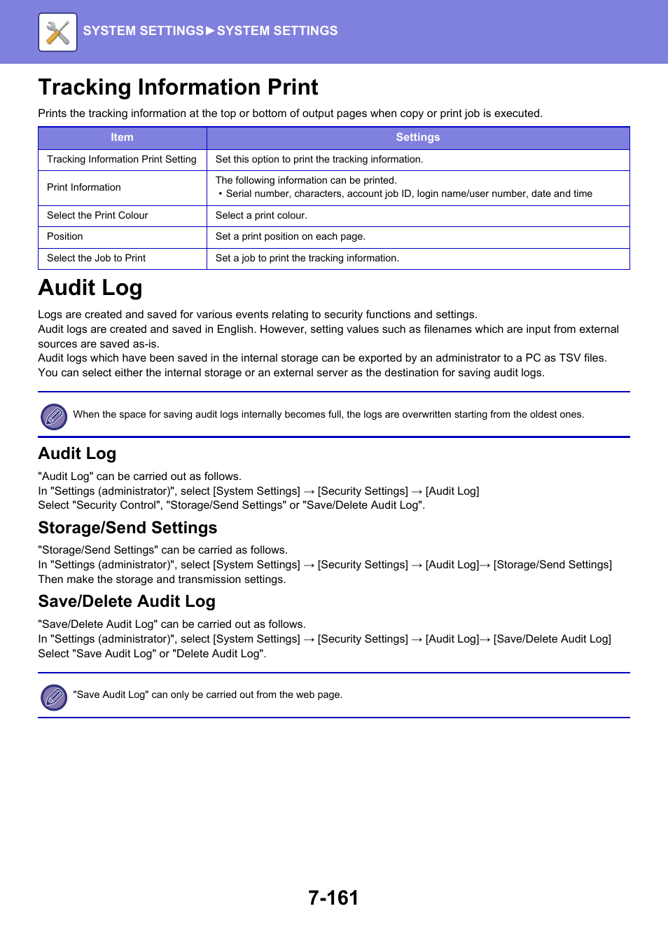 Tracking information print -161, Audit log -161, Tracking information print | Audit log, Storage/send settings, Save/delete audit log | Sharp MX-6070N User Manual | Page 876 / 935