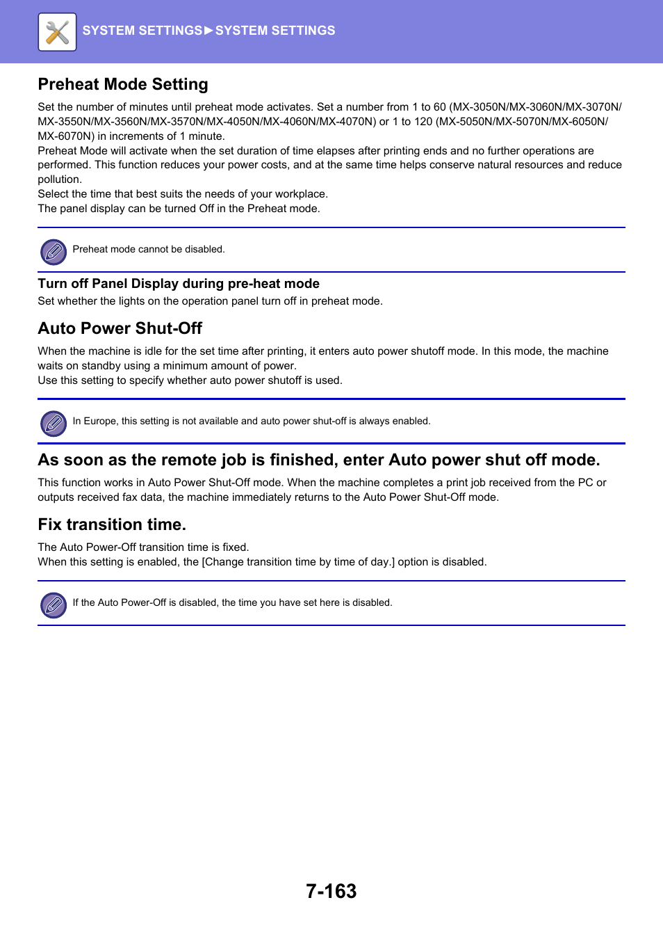 Preheat mode setting, Auto power shut-off, Fix transition time | Sharp MX-6070N User Manual | Page 878 / 935