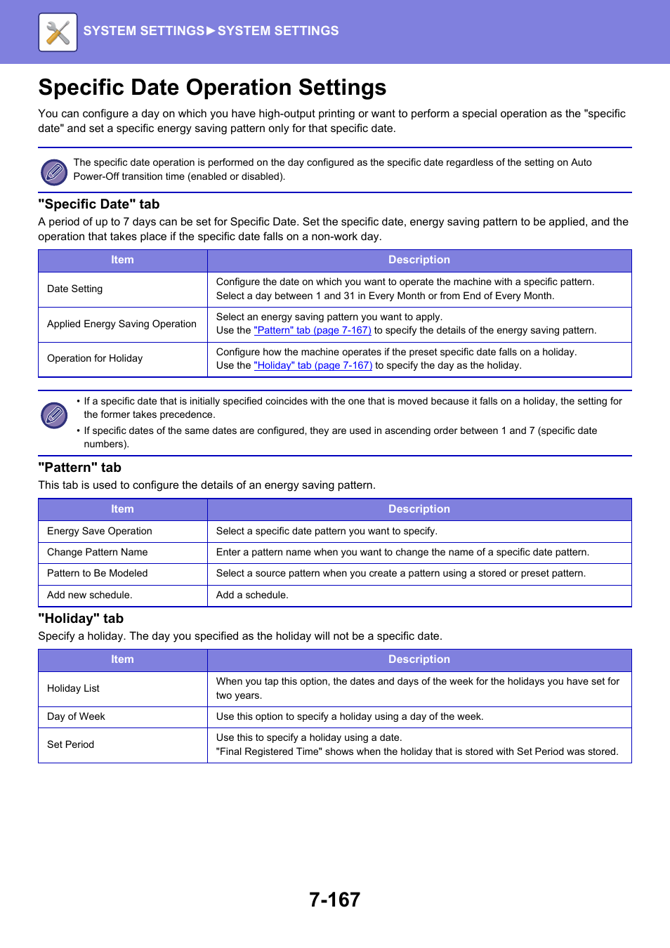 Specific date operation settings -167, Specific date operation settings, Specific date" tab | Pattern" tab, Holiday" tab | Sharp MX-6070N User Manual | Page 882 / 935