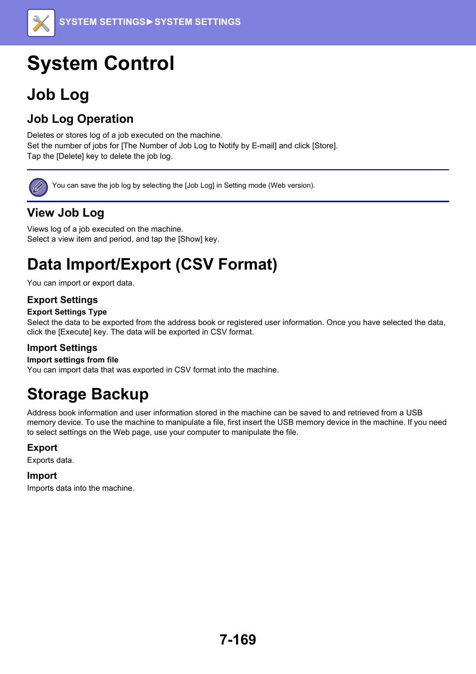 System control -169, Job log -169, Data import/export (csv format) -169 | Storage backup -169, System control, Job log, Data import/export (csv format), Storage backup | Sharp MX-6070N User Manual | Page 884 / 935