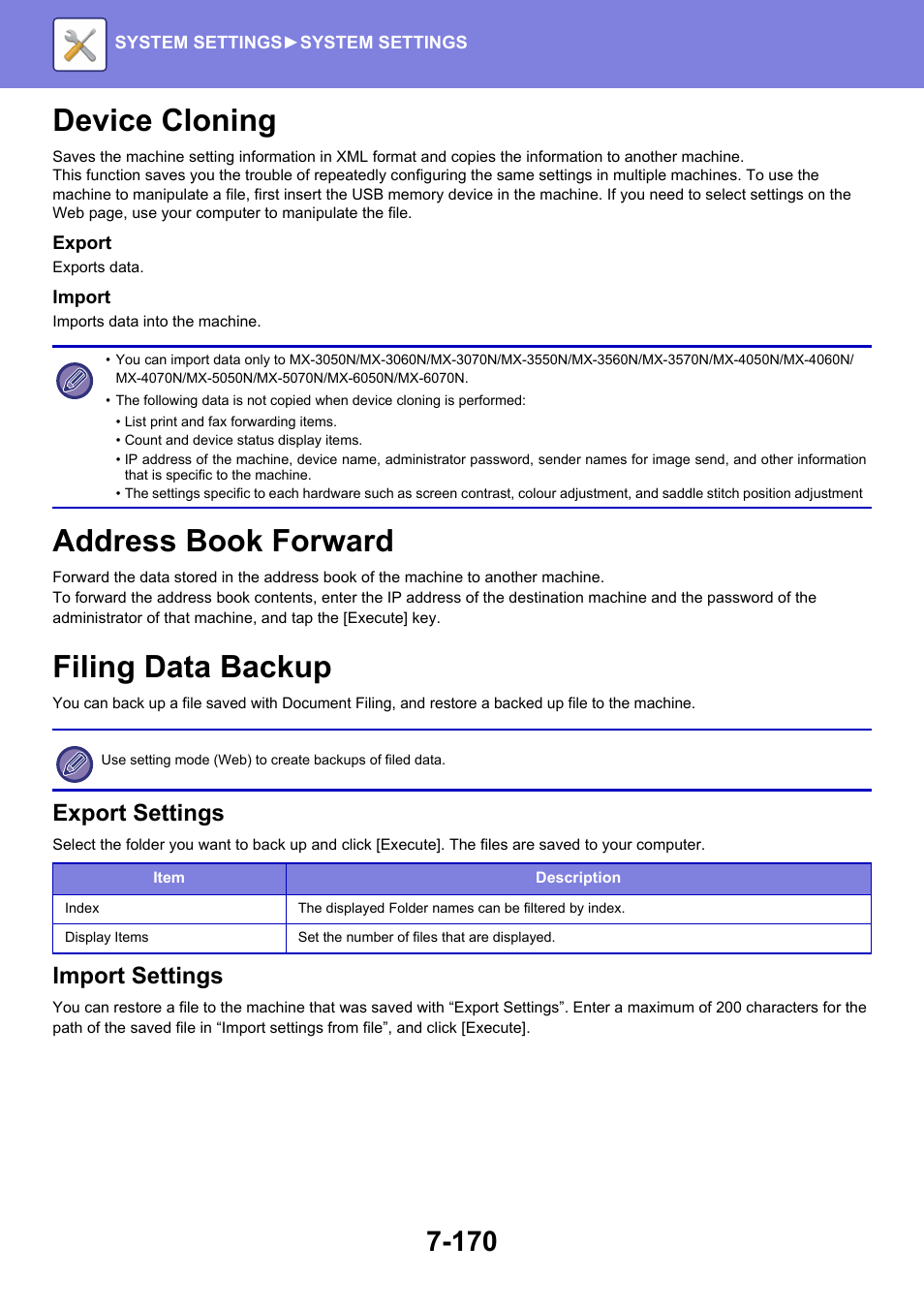 Device cloning -170, Address book forward -170, Filing data backup -170 | Device cloning, Address book forward, Filing data backup, Export settings, Import settings | Sharp MX-6070N User Manual | Page 885 / 935