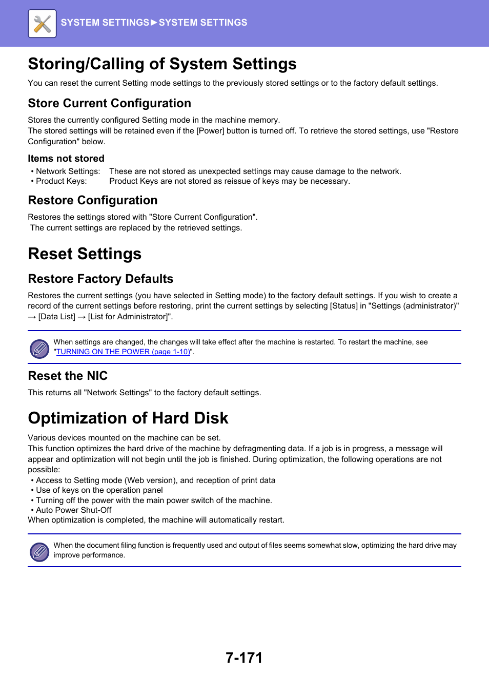 Storing/calling of system settings -171, Reset settings -171, Optimization of hard disk -171 | Storing/calling of system settings, Reset settings, Optimization of hard disk, Store current configuration, Restore configuration, Restore factory defaults, Reset the nic | Sharp MX-6070N User Manual | Page 886 / 935