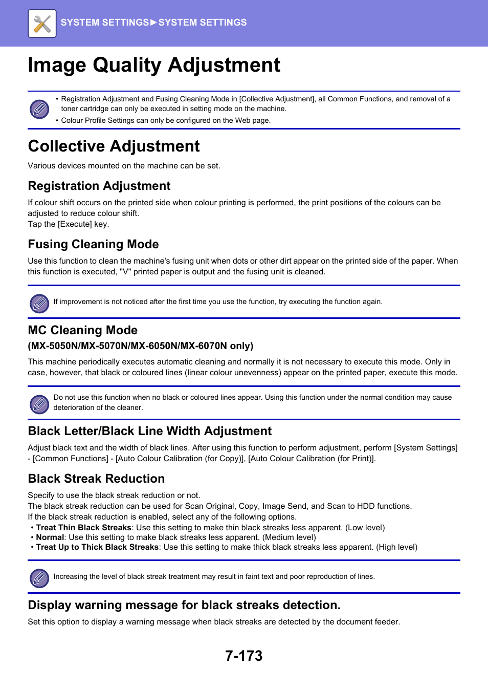 Image quality adjustment -173, Collective adjustment -173, Image quality adjustment | Collective adjustment, Registration adjustment, Fusing cleaning mode, Mc cleaning mode, Black letter/black line width adjustment, Black streak reduction | Sharp MX-6070N User Manual | Page 888 / 935