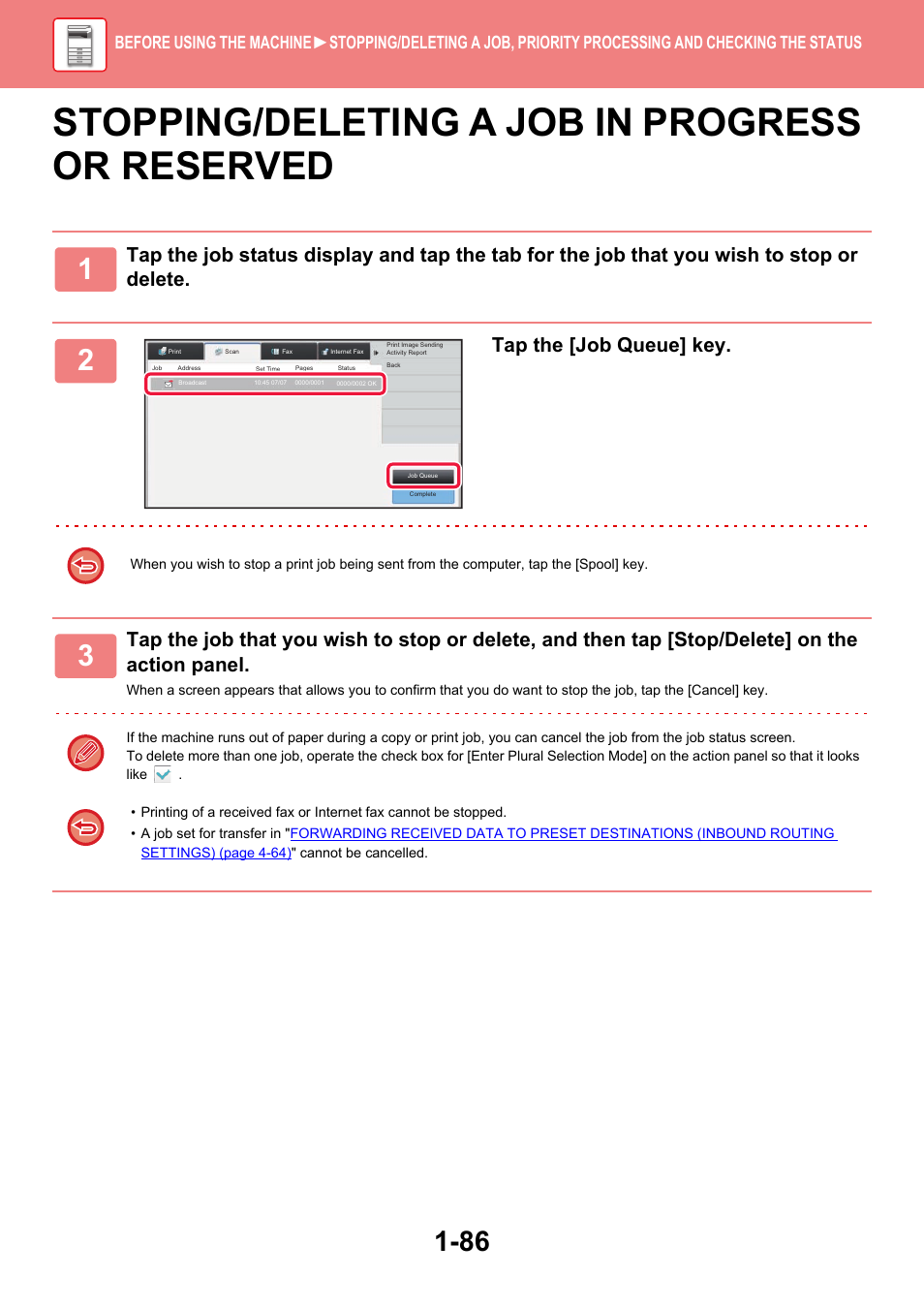 Stopping/deleting a job in progress or reserved, Tap the [job queue] key | Sharp MX-6070N User Manual | Page 89 / 935