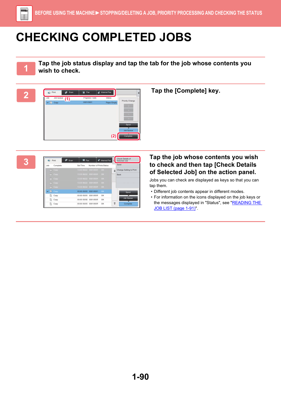 Checking completed jobs -90, Checking completed jobs, Tap the [complete] key | Sharp MX-6070N User Manual | Page 93 / 935