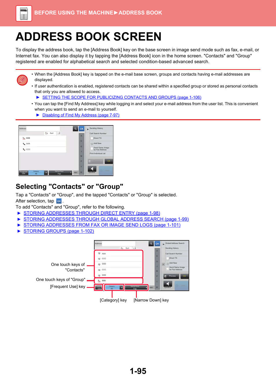 Address book screen -95, Address book screen, Selecting "contacts" or "group | Before using the machine ►address book, Storing addresses through direct entry (page 1-98), Storing groups (page 1-102) | Sharp MX-6070N User Manual | Page 98 / 935