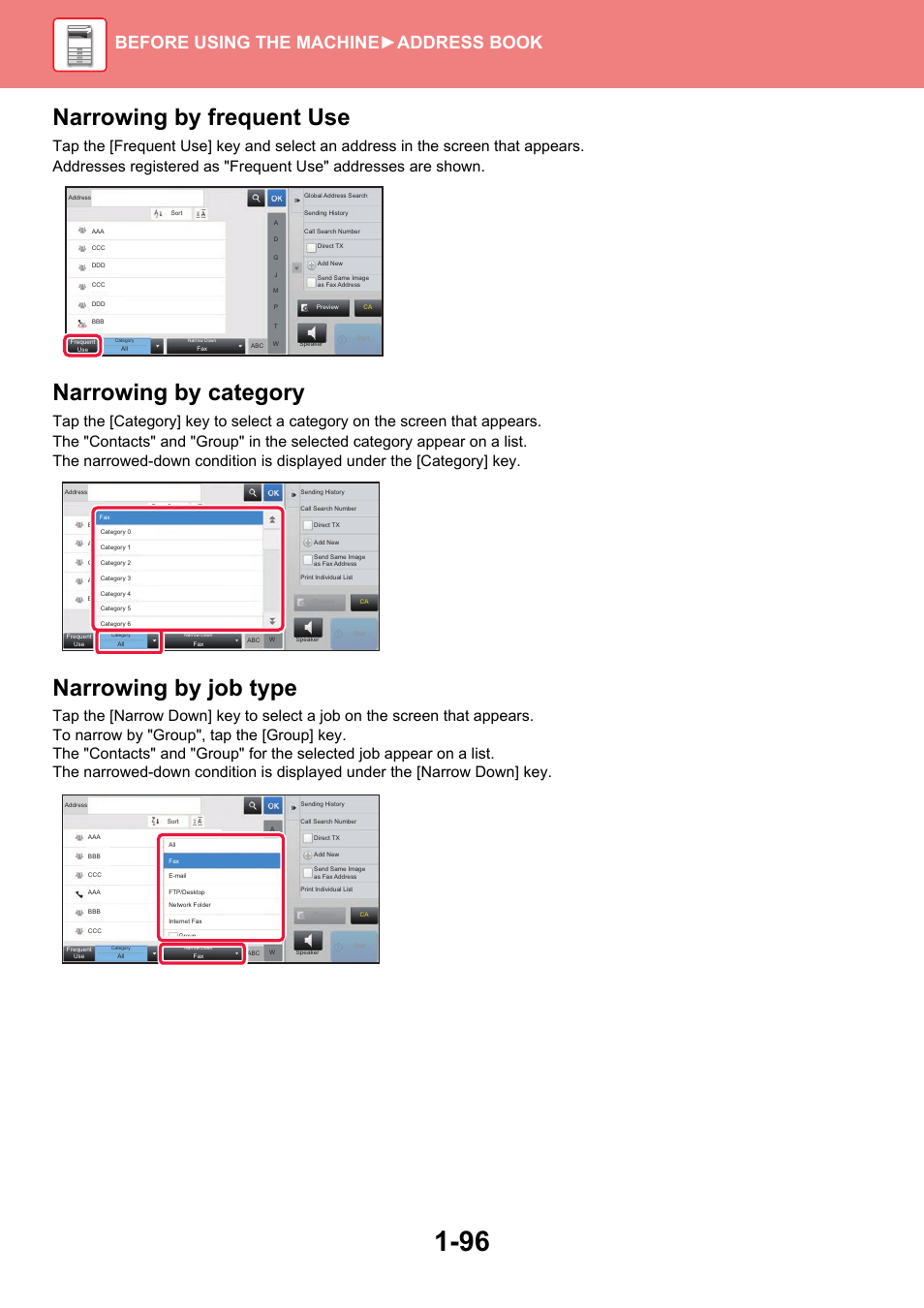 Narrowing by frequent use, Narrowing by category, Narrowing by job type | Before using the machine ►address book | Sharp MX-6070N User Manual | Page 99 / 935