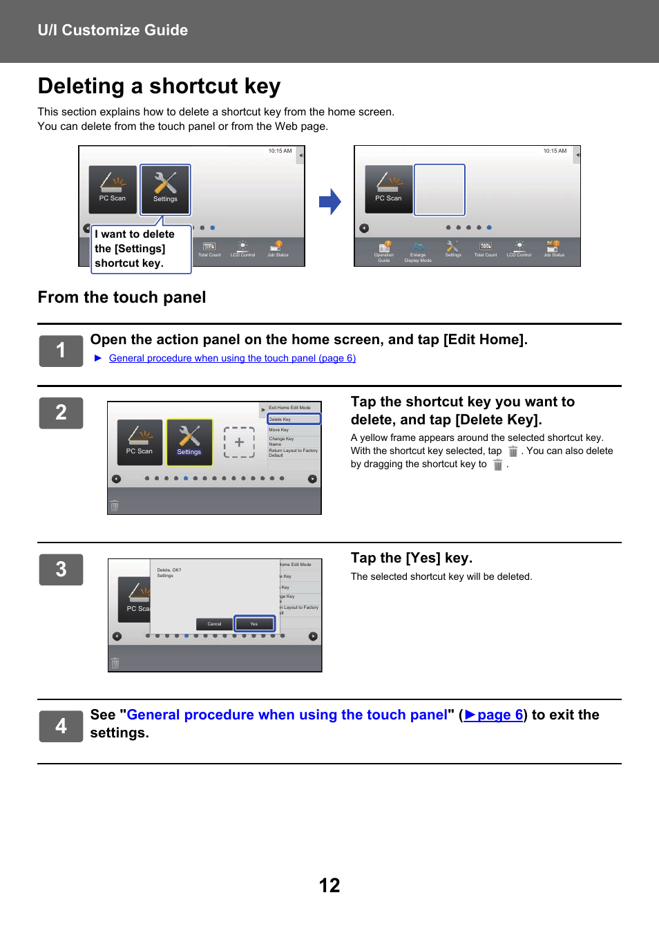 Deleting a shortcut key, U/i customize guide, Tap the [yes] key | Sharp MX-6070N User Manual | Page 12 / 34