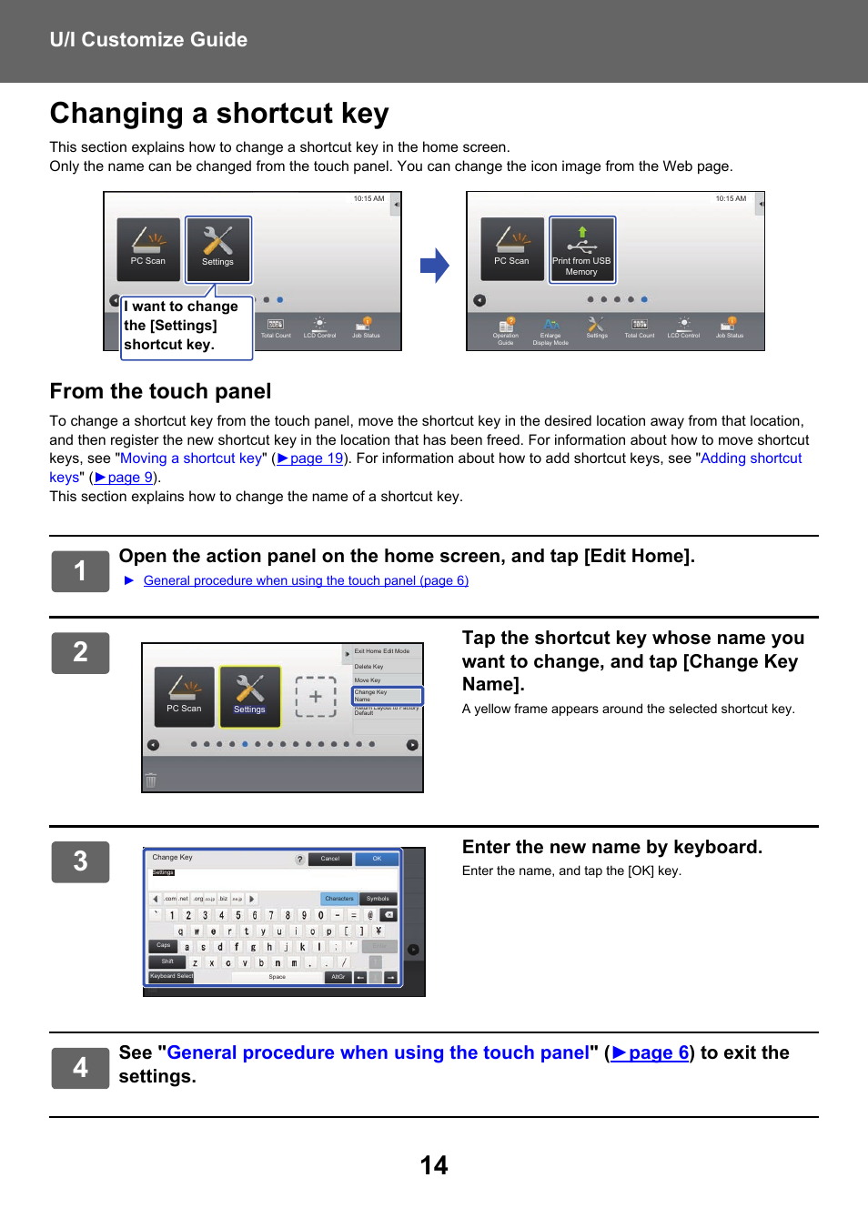 Changing a shortcut key, U/i customize guide, Enter the new name by keyboard | Sharp MX-6070N User Manual | Page 14 / 34