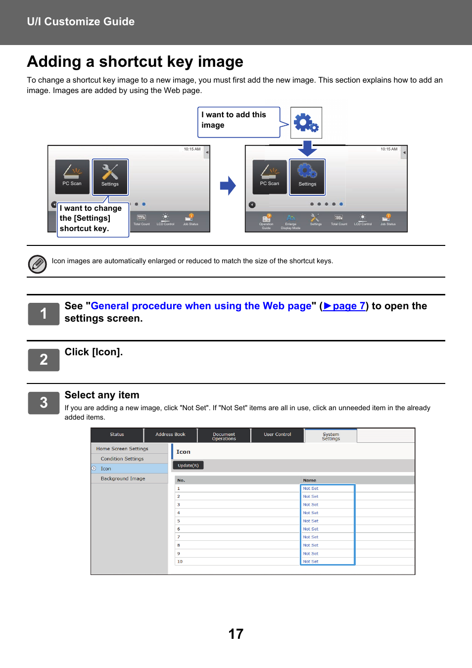 Adding a shortcut key image, U/i customize guide, Click [icon | Select any item | Sharp MX-6070N User Manual | Page 17 / 34