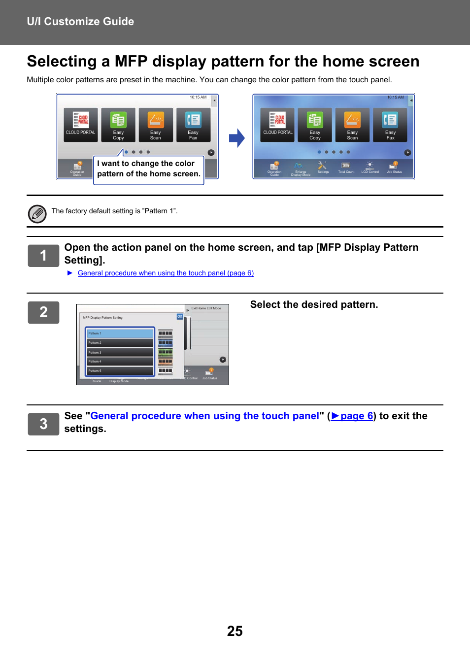 U/i customize guide, Select the desired pattern | Sharp MX-6070N User Manual | Page 25 / 34