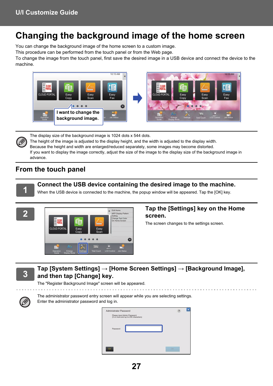 Changing the background image of the home screen, U/i customize guide, Tap the [settings] key on the home screen | I want to change the background image | Sharp MX-6070N User Manual | Page 27 / 34