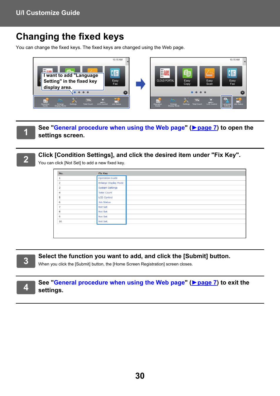 Changing the fixed keys, U/i customize guide | Sharp MX-6070N User Manual | Page 30 / 34