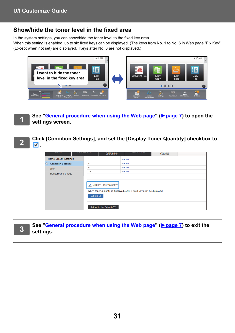 Show/hide the toner level in the fixed area, U/i customize guide | Sharp MX-6070N User Manual | Page 31 / 34