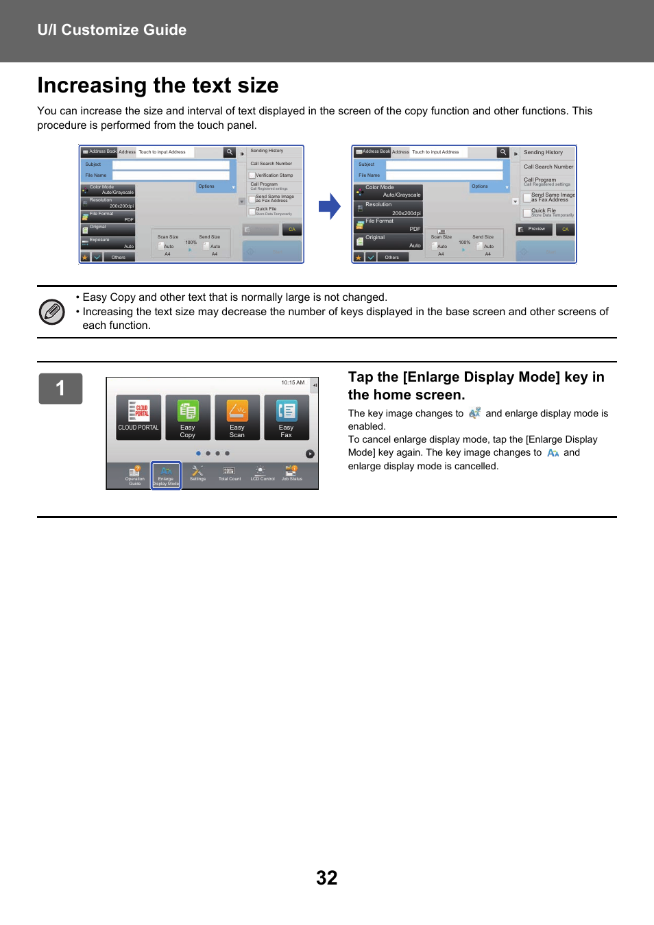 Increasing the text size, U/i customize guide | Sharp MX-6070N User Manual | Page 32 / 34