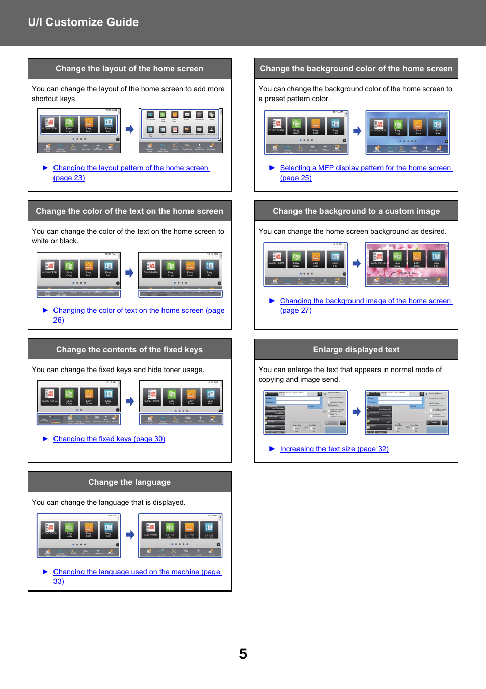 U/i customize guide, Change the language | Sharp MX-6070N User Manual | Page 5 / 34