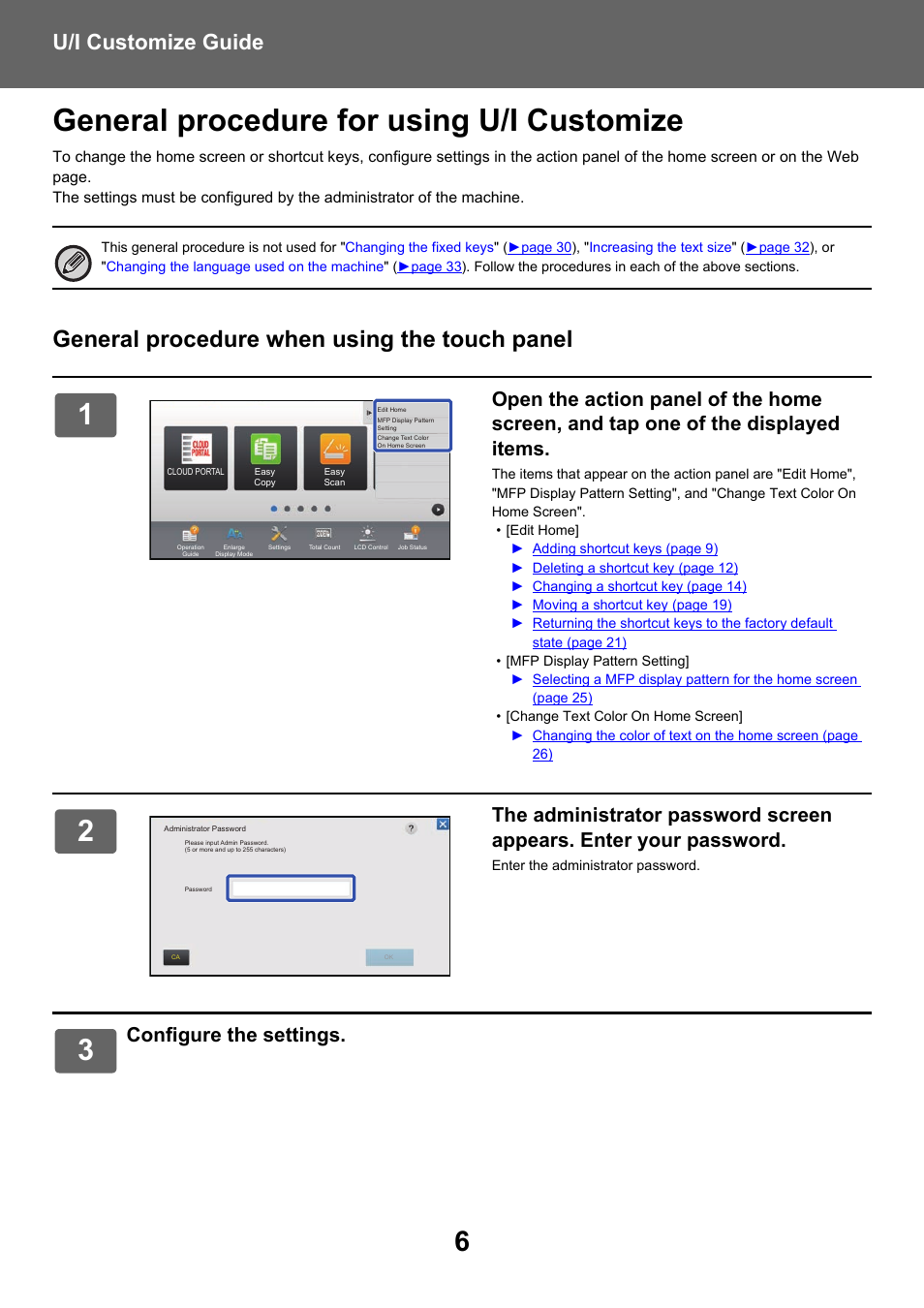 General procedure for using u/i customize, General procedure when using the touch panel, U/i customize guide | Configure the settings | Sharp MX-6070N User Manual | Page 6 / 34