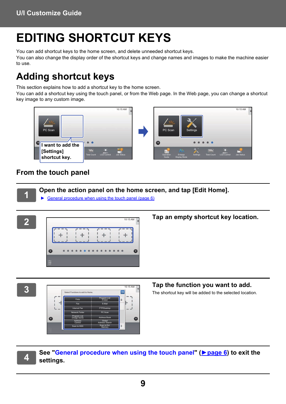 Editing shortcut keys, Adding shortcut keys, U/i customize guide | Tap an empty shortcut key location, Tap the function you want to add | Sharp MX-6070N User Manual | Page 9 / 34