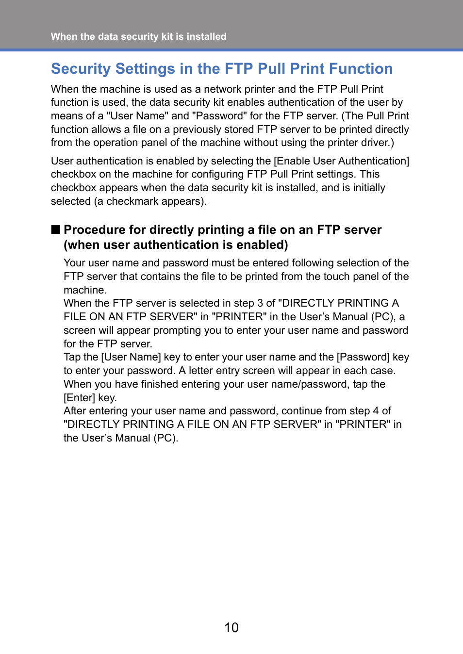 Security settings in the ftp pull print function | Sharp MX-FR52U User Manual | Page 12 / 39