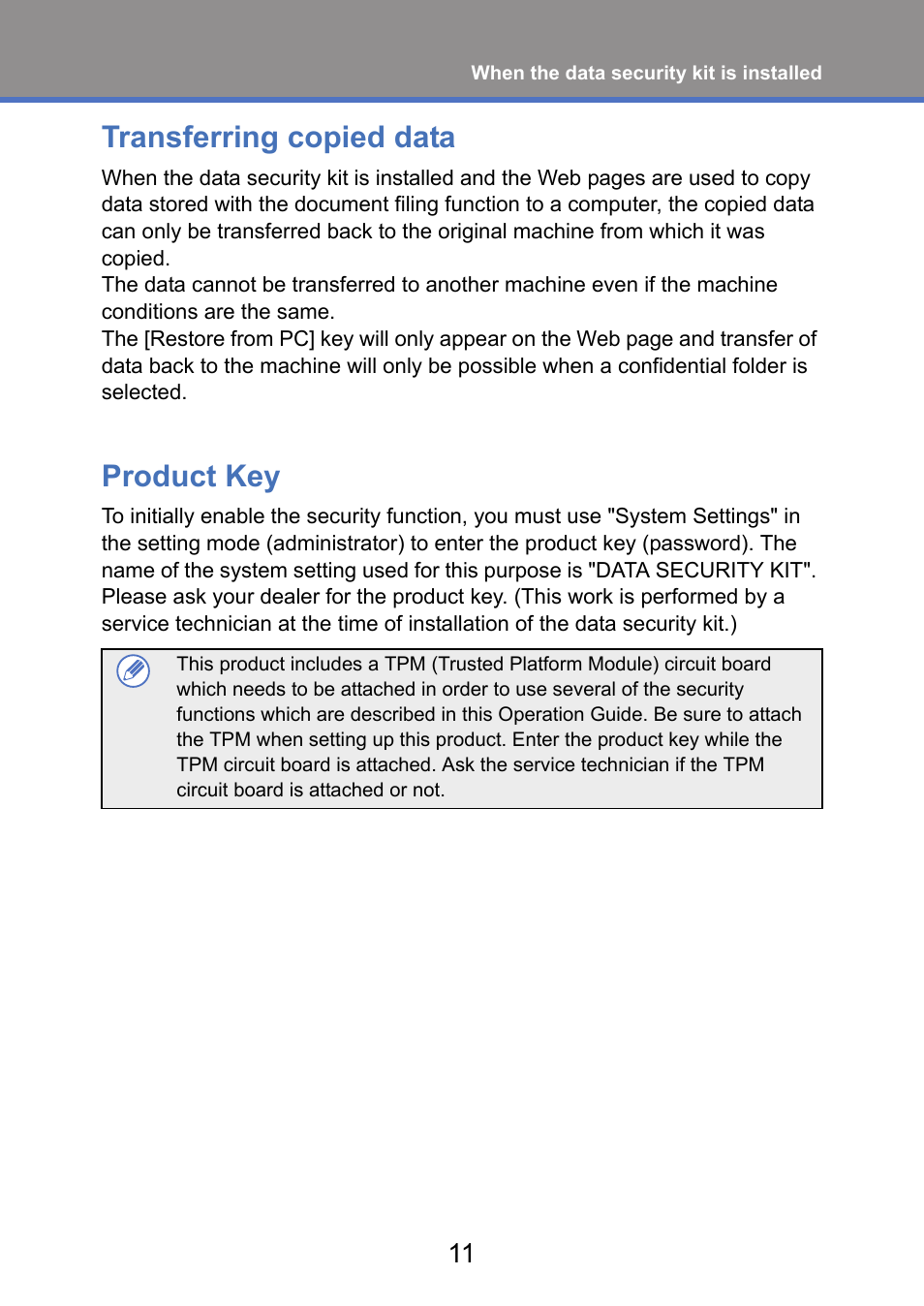 Transferring copied data, Product key | Sharp MX-FR52U User Manual | Page 13 / 39